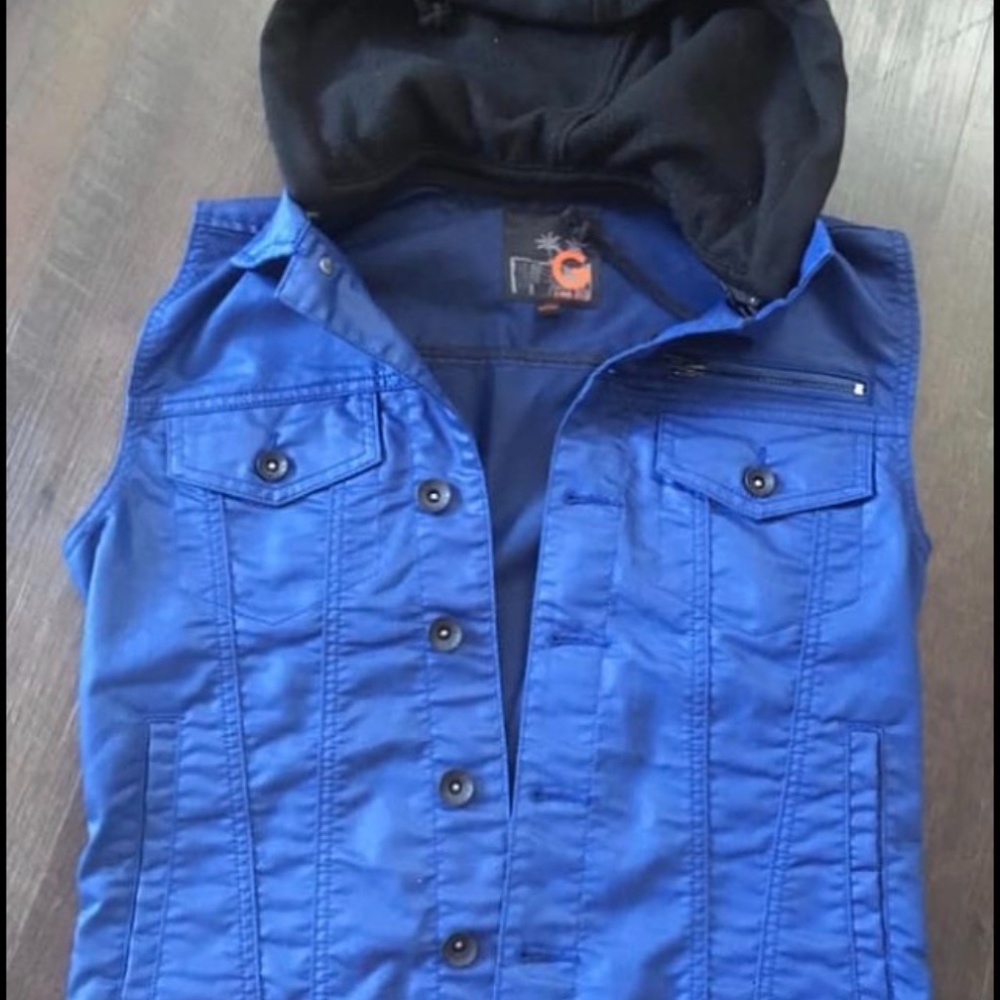 G by Guess Mens XS Blue Vest w/ Black Removeable Hood
